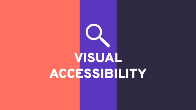 Magnifier icon and text "Visual accessibility" on a tricolor background.