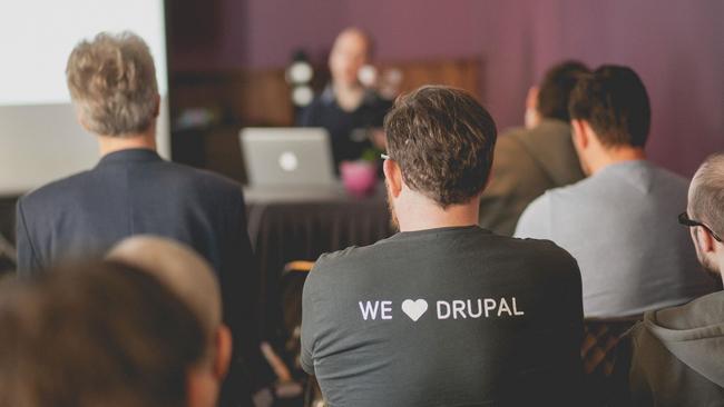 Mies istuu selin kameraan ja hänellä on päällään t-paita, jossa selässä teksti: "We love Drupal".