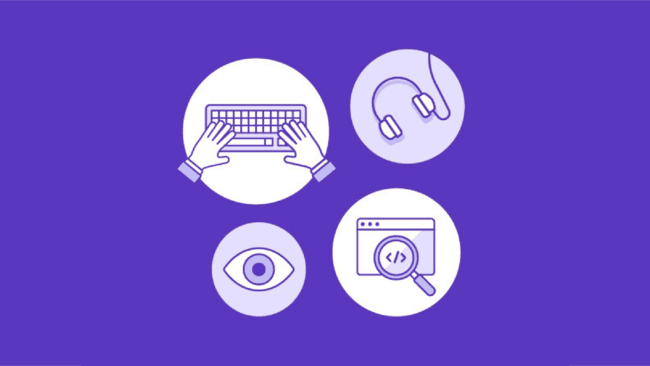 Illustration of keyboard, headphones, magnifying glass and eye on dark purple background.