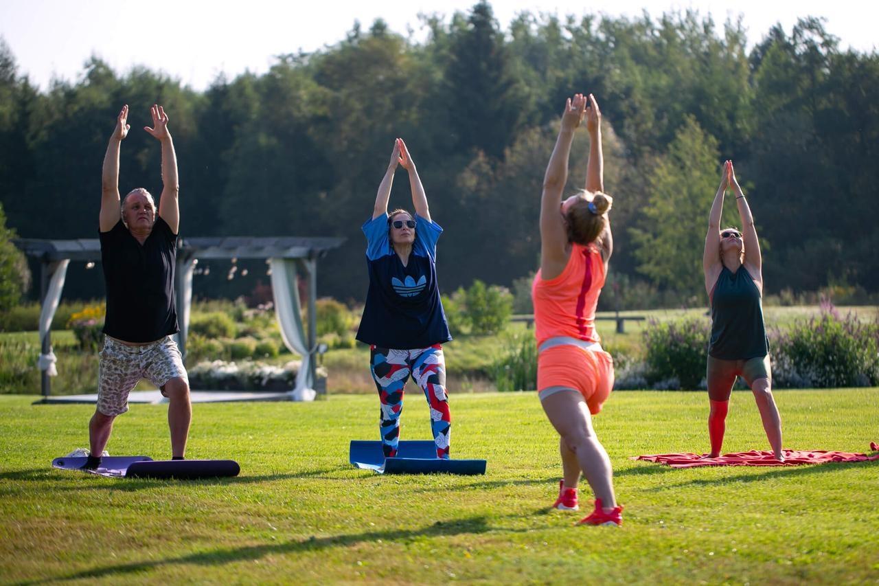 Four people in colorful gym clothes doing morning stretches outdoors on grass under the sunlight.