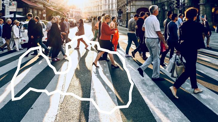People on the street + Latvia outline