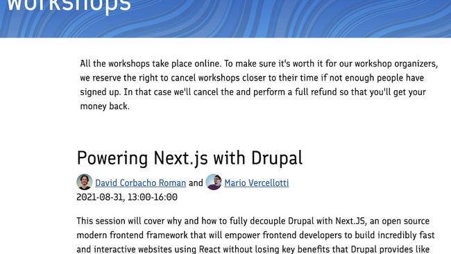 React Finland-sivuston Workshops-sivu, jossa tietoa Powering Next.js with Drupal -työpajasta.