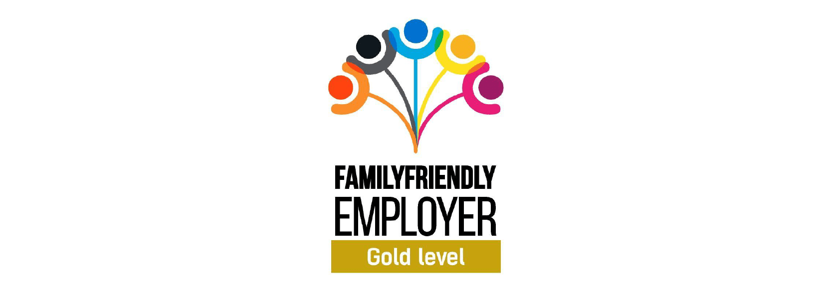 Logo for Family Friendly Employer Gold level certificate, featuring text and five multicolored flower shapes above.