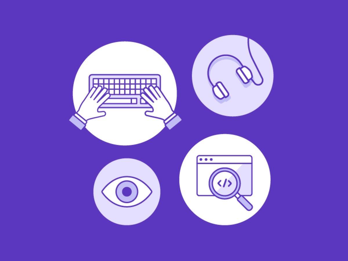 Illustration of keyboard, headphones, magnifying glass and eye on dark purple background.