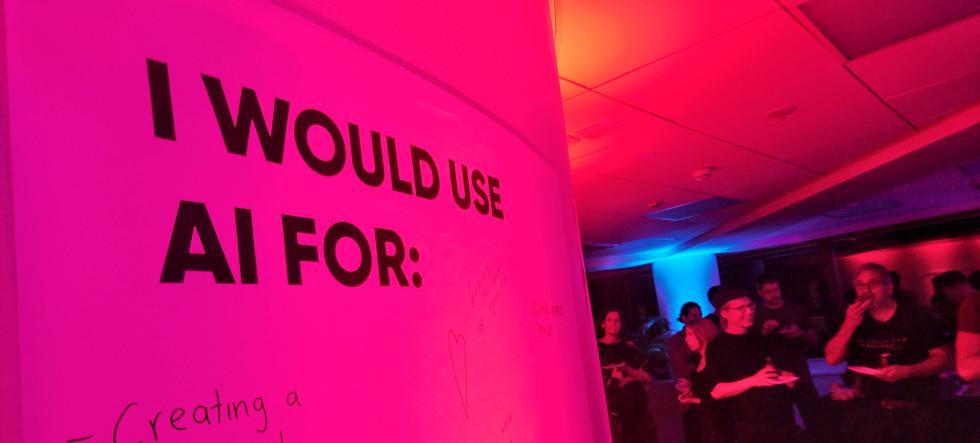 Text on a pink wall: I would use AI for: