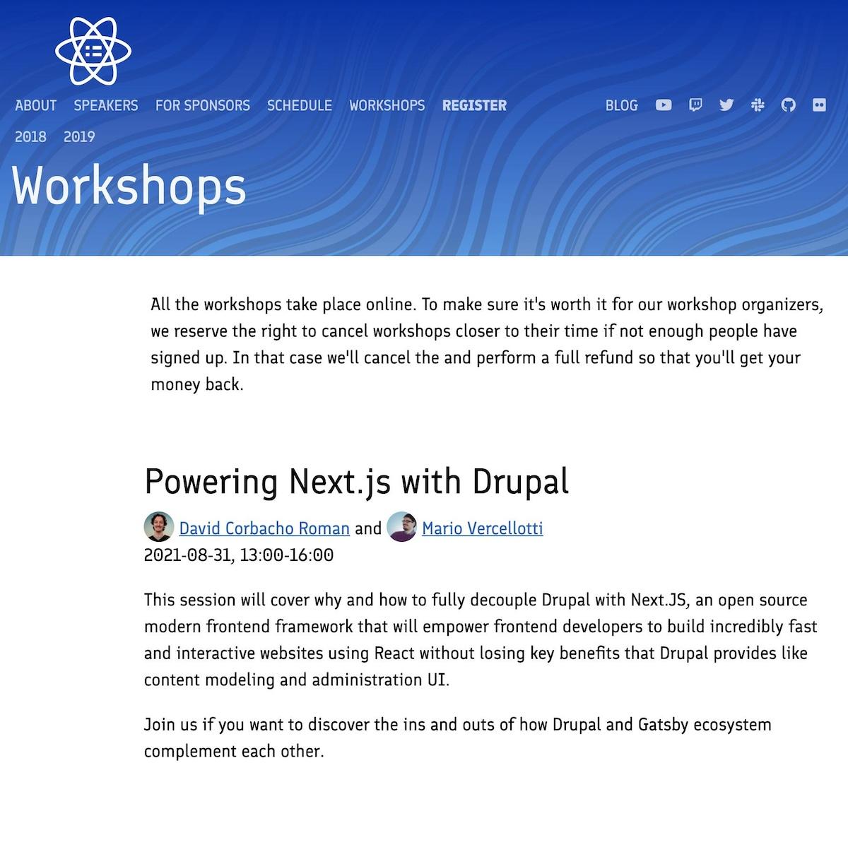 React Finland-sivuston Workshops-sivu, jossa tietoa Powering Next.js with Drupal -työpajasta.
