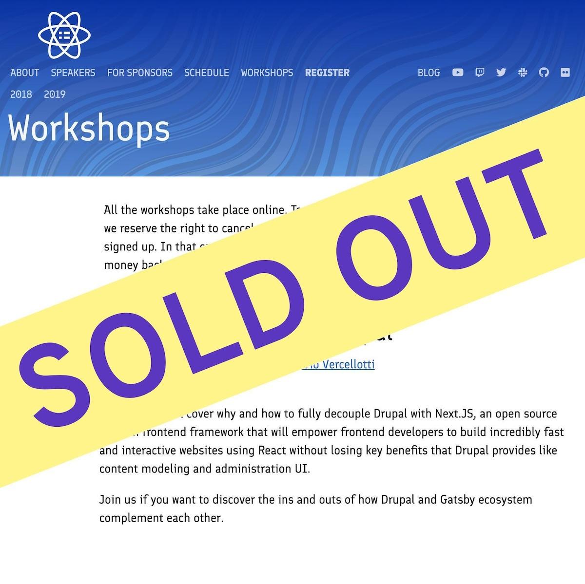 React Finland conference website, overlaid with a yellow 'SOLD OUT' tape spanning across it.