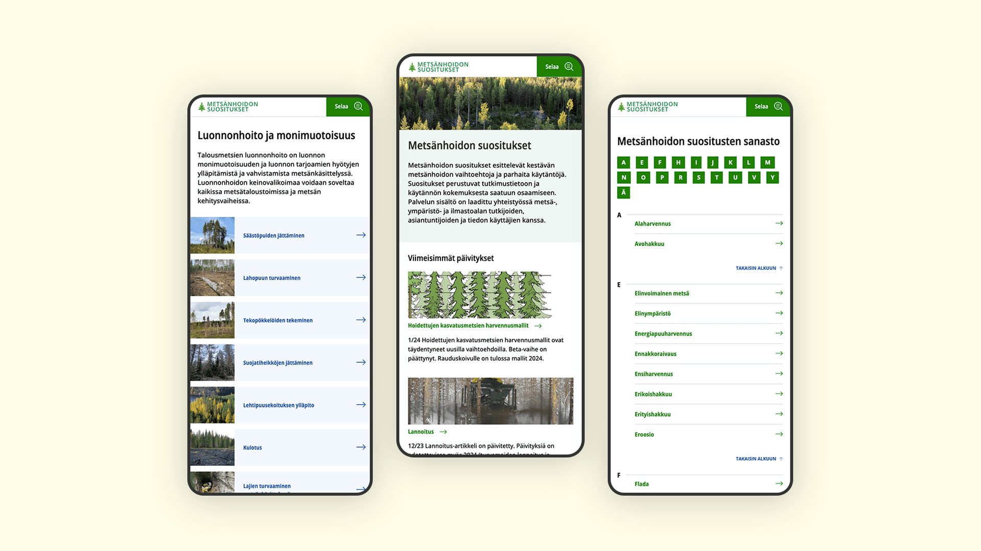 Kolme mobiilikuvakaappausta Metsänhoidon suositukset -sivustosta